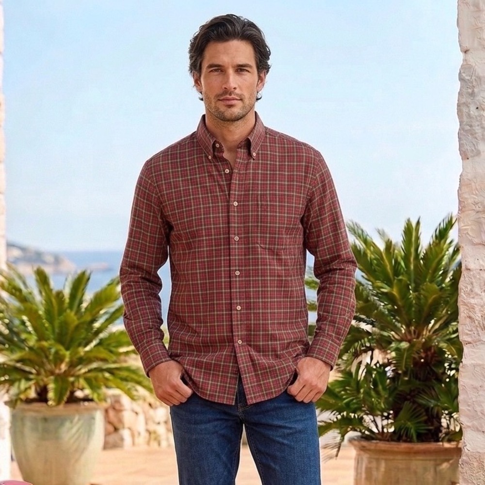 LL Bean Mens Plaid Button Up Shirt Red Green Wrinkle Resistant Large Outdoor